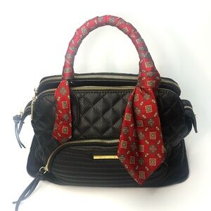 Steve Madden Black Quilted Bowler Bag w/ Red Paisley Twilly Scarf Accent